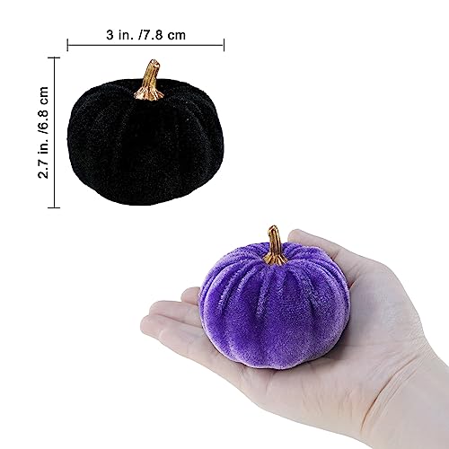 Image of Winlyn 12 Pcs Assorted Small Faux Halloween Velvet Pumpkins Decorative Orange Purple Black Fabric Foam Pumpkins 3 inch for Fall Wedding Halloween Table Centerpiece Mantel Bowl Decor