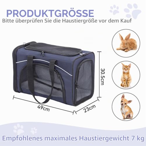 Petsfit Transporttasche Katze & Hundetasche Flugzeug | Flugtasche für Hunde & Transportbox Katze | Flugtaugliche Haustiertasche | Sicherer Transport in Auto, Flugzeug und Bahn, M/Blau