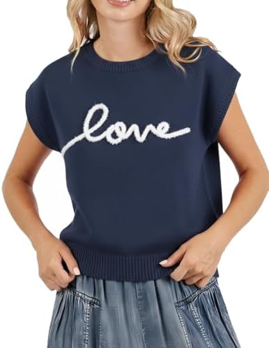 Jenisso Womens Short Sleeve Sweater Vest Love Embroidered Knit Top Cute Valentine's Day Sweet Casual Sweater Blouse(Navy Blue,S)