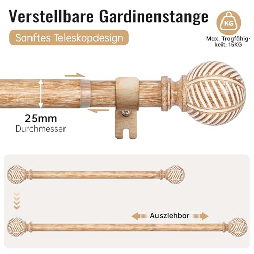 DEFYNEE Gardinenstange 76-152 cm | Metall mit Holzoptik, Ø 25 mm | Vorhangstange Ausziehbare Wand- & Deckenmontage | Für Wohnzimmer, Schlafzimmer, Terrasse - Hellbraun
