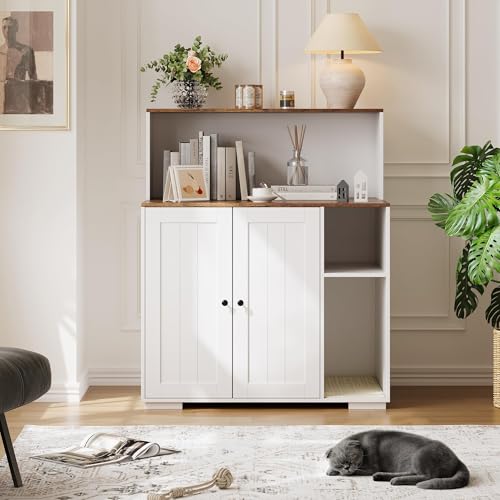 Garvee Dog-Proof Large Cat Litter Box Enclosure with Scratch Pad, Large Automatic Litter Box Furniture for Placing Self-Cleaning Litter Box,Litter Cabinet with Outlet,Space for Cat Stuffs