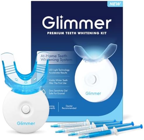 Glimmer Teeth Whitening Kit - LED Light, 35% Carbamide Peroxide, (3) 3ml Gel Syringes, (1) Remineralization Gel, and Tray