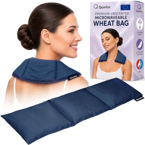 Qomfor - Sac de grains à chaleur sèche pour micro-ondes - Bleu foncé - Coussin chauffant/oreiller chauffant pour micro-ondes au parfum de lavande - Poche chauffante à 3 compartiments