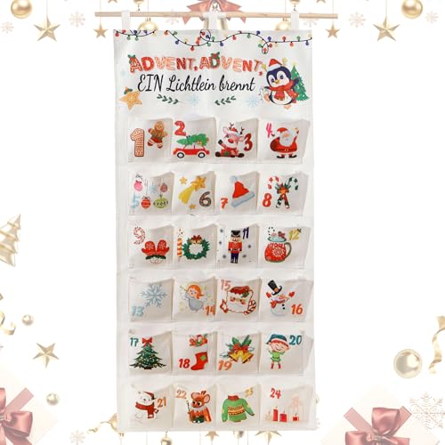 Calendario de Adviento de Tela para Rellenar, Calendario de Adviento de Navidad de Tela 2025, Reutilizable Navidad Advent Calendar con 24 Bolsillos, para Dulces, Tarjetas, Juguetes