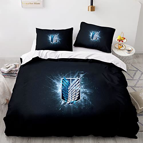 Housse de Couette Double 220x240 Anime L'attaque Titans Les Ailes de la liberté icône Parures de Lit 3 pièces Literie 3D Impression Microfibre avec Fermeture éclair Convient aux Enfants Adolescent Cover