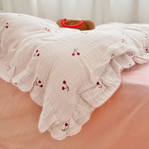 Image of BuLuTu Crib Bedding Duvet Cover for Boys Girls Cotton Muslin Baby Crib Duvet Cover Nursery Bed Decoration Gift, 47 inchx59 inch, Cherry Print (No Pillowcases)