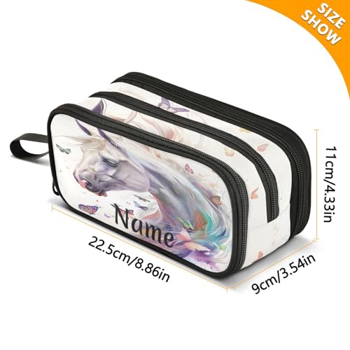 Image of Custom White Horse Butterflies Pencil Case Box Boys Girls Personalized Name Large Pencil Pouch Stationery Pen Bag Organizer for Kids Adults School Office