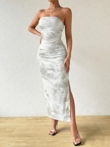 Image of LIGHT DOT Women's Summer Dress Printed Strapless Tube Bodycon Maxi Side Slit Mesh Layered