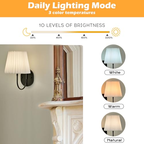 Image of PASSICA DECOR Battery Operated Wall Sconces Set of 2 Premium Fabric Pleated Shade, Rechargeable LED Lights with 15 Colors, Remote Control Timer for Bedroom, Living Room, Black Wall Light