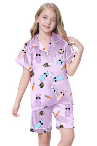 Image of Schbbbta Girls Womens Pajamas, Satin Silky Pjs Set Kids 2Pcs Button-Down Nightwear Sleepwear Gift for Mommy and me