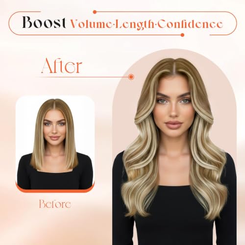 Image of Sunny Hair Clip in Hair Extensions Real Human Hair Brown Ombre Balayage | Straight Clip in Hair Extensions Light Brown Balayage Platinum Blonde Short, Temporary Highlights for a Beach 12 Inch 85g