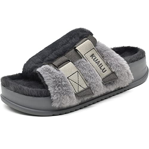 KuaiLu Womens Fuzzy Platform Open Toe Slippers with Arch Support Fluffy Furry Slides Orthotic Faux Fur Sandals Indoor Outdoor Grey Size 9