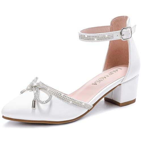 Image of LAURMOSA Girls Sandals Closed Toe High Heels Pointed Toe Ankle Strap Pumps Flower Girl Dressy Shoes in Wedding Party Cute Bowknot Chunky Block Heeled for Little Big Kids