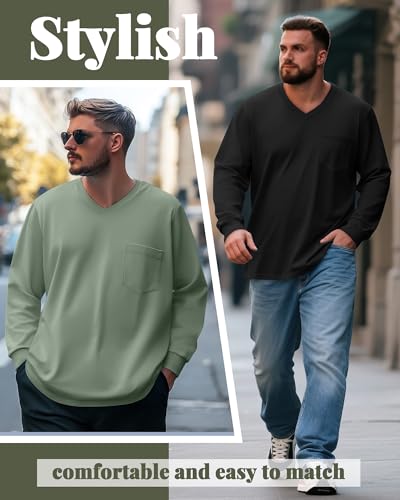 Ficerd 3 Pack Men's Big and Tall V Neck Shirts with Pocket Long Sleeve Plus Size Tops Basic Casual Cotton Loose Fall Tee2