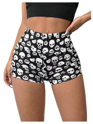 WDIRARA Women's Goth Skeleton Print High Waisted Shorts Ruched Workout Athletic Yoga Biker Shorts