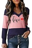 Dokotoo Womens Long Sleeve Tops Fashion Valentines Shirts for Women 2025 V Neck Blouses Color Block Womens Print Sweaters Valentines Day Top Winter Clothes Outfits