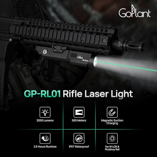 2000 Lumen Rifle Laser Light Combo, Picatinny Rail MLOK Mounted LED Tactical Flashlight, Aluminum Alloy Weapon AR15 Light and Green Laser, Rifle Tactical Flashlight with Momentary Strobe Function