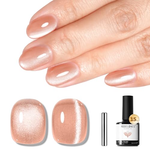 Image of modelones Nude Cat Eye Gel Nail Polish Nude Gel Polish Jelly Glass with Magnet Holographic Glitter Shimmer Translucent Sheer Color Magnetic Nail Polish 15 ML