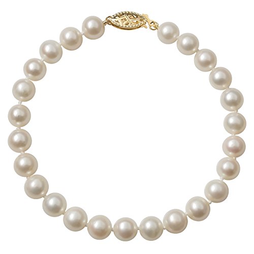 Belacqua AA Quality White Cultured Freshwater Pearl Bracelet in 14K Yellow Gold, Fishhook Clasp, Size- 5mm to 9mm, Length- 6.5 to 8.5 Inches, Real Pearl Jewelry for Women, Gift Box Included