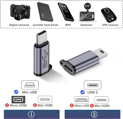 Image of Tobo 480Mbps Mini USB Male to USB C Female Adaptor 18W Mini USB Plug to USB C Jack Data Connector, Al Alloy /Hanging Hole, for Digital Cameras Mobile Hard DrivesMP3