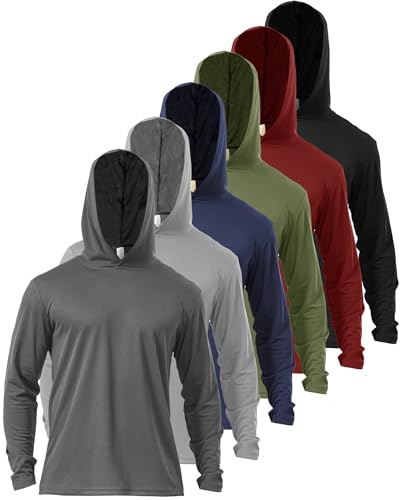 6 Pack Mens UPF 50+ Hoodie Shirts Sun Protection Lightweight Quick Dry UV Shirts Outdoor Fishing Active Wear Rash Guard