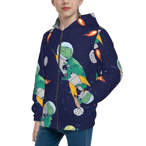 Astronaut Dinosaur and Space Kids Pullover Hoodies Boys Zip Up Sweatshirts Girls Athletic Clothes with Pocket