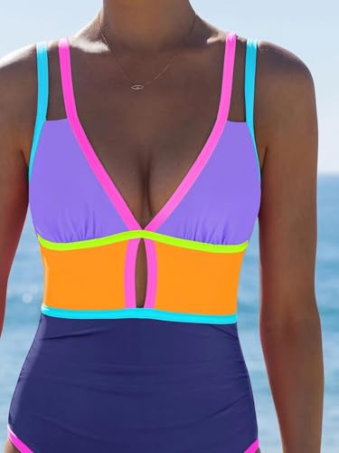 Image of popvil Women One Piece Swimsuit 2026 Tummy Control Sexy Cutout Neon Color Block Bathing Suit Slimming Adjustable Swimwear