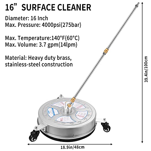 16" Pressure Washer Surface Cleaner - 4000 Psi Power Washer Surface Cleaner Attachment With 1/4" Quick-Connect, 2 Extension Wand For Cleaning Driveway, Sidewalk, Garden, Patio Surface Cleaner #TOP4