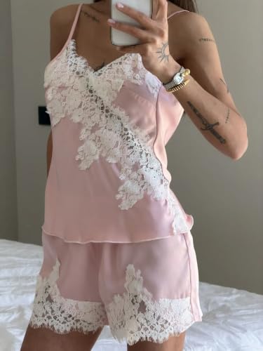 Image of Women Lace Trim Coquette Shorts Set Silk Satin 2Pcs Pajama Set Sleepwear