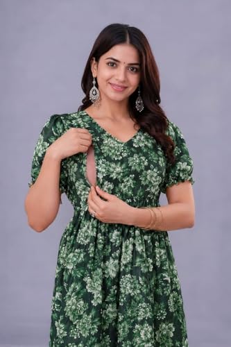 Image of Women's Maternity Feeding Dresses for Women, Easy Breastfeeding Dress, Cotton Blend Anarkali Dress with Nursing Zip for Pre & Post Pregnancy