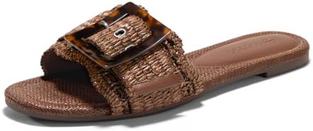 Coutgo Womens Flat Sandals Raffia Slip On Slide Sandal Square Open Toe Buckle Summer Beach Shoes Flats