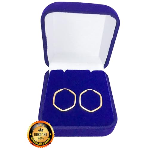 Brinco Feminino Argola Sextavado Fio Quadrado Ouro 18k 750 c/Estojo e Certificado
