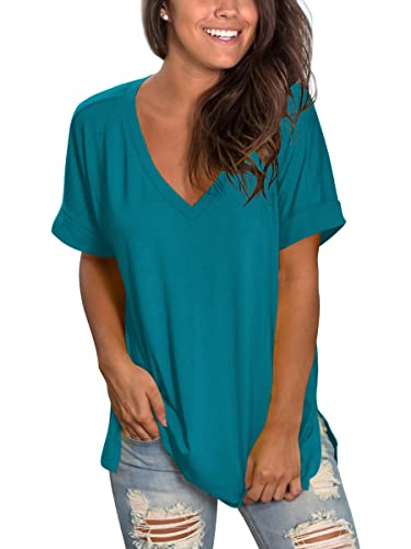 Image of Sampeel Women's V Neck T Shirts Casual Rolled Short Sleeve Side Split Summer Tops Loose Fit