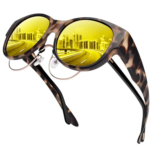 URUMQI Night Vision Driving Glasses Fit Over Eyeglasses for Women Cat Eye, Anti Glare Polarized Nighttime Glasses Yellow Lens