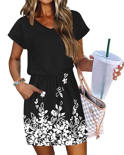 Image of AUSELILY Womens Summer Mini Dress, Short Sleeve V Neck Drawstring Casual | Tshirt dress with drawstring waist and pockets. Ideal sundress for daily outing, beach and vacation
