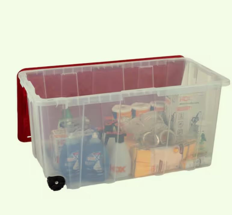 77 Gal. Tough Storage Tote with Wheels in Clear Yellow or Red Lid (Clear with Red lid with wheels)