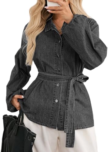 Astylish Women's Denim Jacket Tie Waist Cowboy Shirt Tops Carbon Grey S