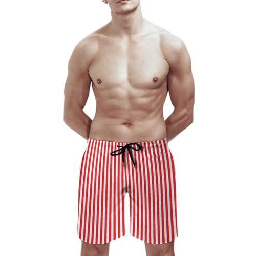 Red and White Stripes Print Mens Swim Trunks, Quick Dry Swim Shorts with Mesh Lining Swimwear Bathing Suits2