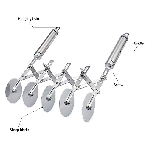 TWSOUL 5 Wheel Pastry Cutter, adjustable Stainless Steel Expandable Divider with Handle Pizza Slicer Multi-Round Pastry Knife cake slicer dough roller, Easy to Use (Portable Size: 2.3\"x10.7\")