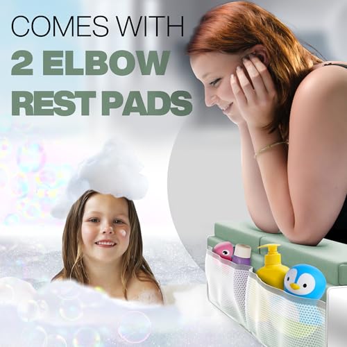 Image of Comfortable Bath Kneeler and Elbow Kneeling Rest Pad for Baby Bathing Parents - Painless Foam Mat with Toy Organizer Pockets - Quick Drying, Foldable, Non-Slip for Baby and Toddler Bathing - Green
