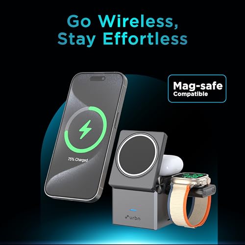 Image of URBN Wireless Charger 3-in-1 MagSafe Charging Stand | Foldable Charger for Apple iWatch, AirPods, iPhone 16 /16 Pro /16 Plus /15 /15 Pro Max & Qi-Compatible Smartphones | Qube Design