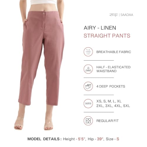 Image of SAADAA Women's Airy Linen Straight Pants | Regular Fit Trousers | Half Elasticated with Drawstrings & Buttons | 4 Pockets | Everyday & Office Wear