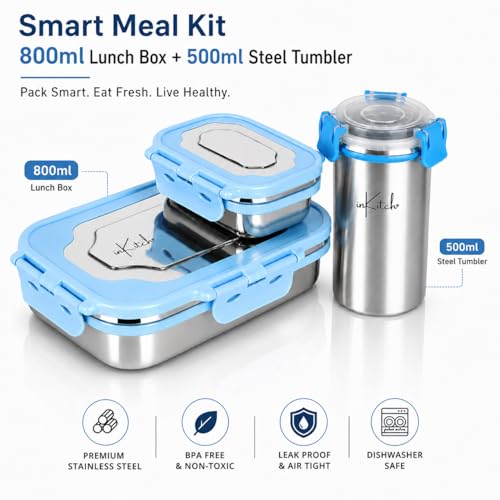 Image of Insulated Stainless Steel Lunch Box Combo Set 800ml with Airtight Leak-Proof Clip Lock Lid, Durable (Blue Tiffin with Bottle)