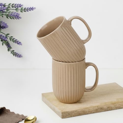 Image of The Earth Store Beige Tall Fringe Coffee Mug - 330ML Ceramic Coffee Mugs Set of 2 | Microwave & Dishwasher Safe Mugs for Gift | Home | Office | Restaurant | Daily Use Tea Mug