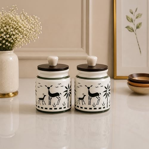 Image of Ceramic Kitchen Jars for Storage | Air Tight Containers with Wooden Lids | Masala, Salt, Pickle, Dry Fruits & Multi Utility Items Organiser Set (Hand-Painted, Green Deer, 450 ML, Pack of 2)