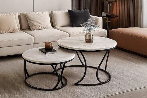 Image of CROWN ART SHOPPEE Round End Table Set of Two Coffee Tables with Engineered Wood Top and Metal Frame, Contemporary Accent Side Table for Office, Bedroom, or Living Room Black White