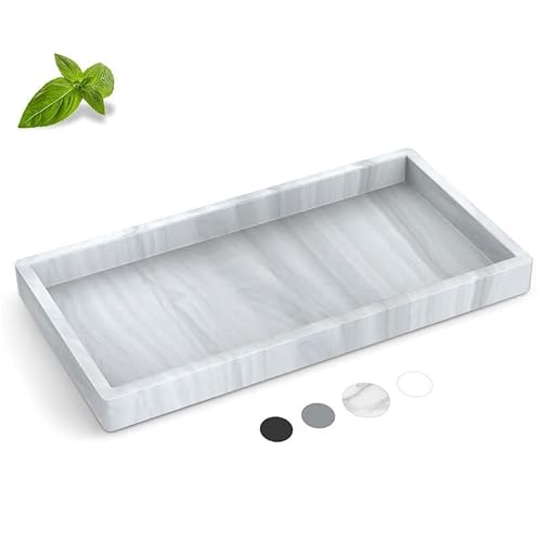 PIQIUQIU Badrumsbricka, harts sminkbord marmor färg, smyckestallrik serveringsbricka för tyg, ljus, handduk, liten kosmetika, växter 20 x 10 cm