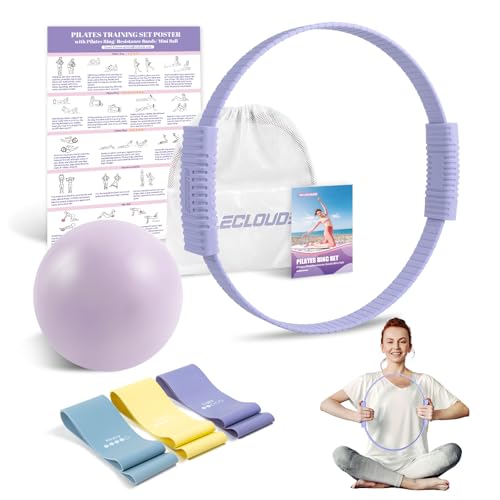 Pilates Essentials Kit for Women, 13.5' Pilates Ring and Ball Set with Resistance Bands for Home Workouts, Portable Pilates Kit with Bag & Training Poster for Full Body Exercise (Purple)