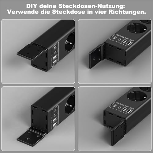 5-Fach Steckdosenleiste Untertischmontage,2USB-C (PD20W)+2USB-A(QC3.0 18W),4000W Mehrfachsteckdose Untertisch montierbar mit Überlastschutzschalter,Unsichtbare Kabelmanagement-Lösung,2m Kabel,Schwarz