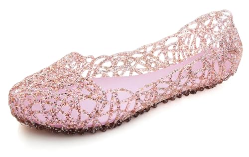 Image of Stunner Women Beach Jelly Shoes Slip On Crystal Summer Hollow Ballet Flats | Summer Cool PVC Breathable Outdoor Indoor Dressy Flat Sandals for Holiday Shopping Spa Swimming Pool